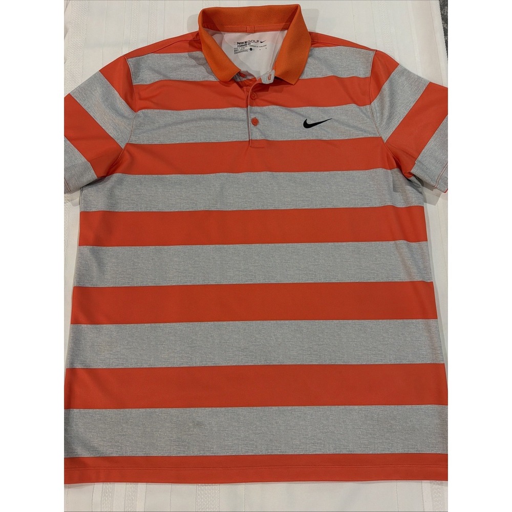 Nike Polo Shirt Mens‎ Large Orange Grey Stripes Lightweight Golf Rugby Dri-Fit
